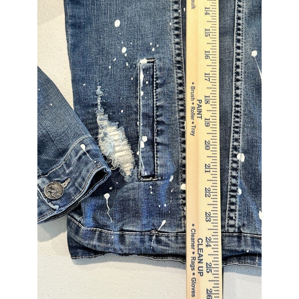 Blind Trust Denim Jean Jacket Distressed Splatter Paint Women's Size Medium Blue - Picture 12 of 12